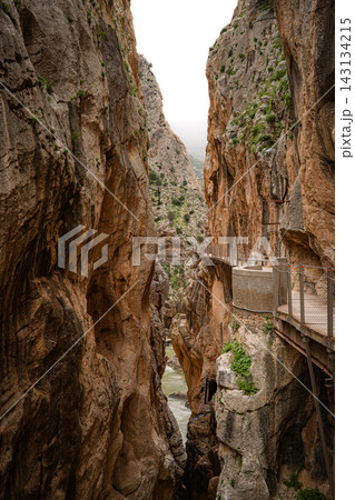Wooden walkway hugging a canyon wall above the Guadalhorce river at Caminito del Rey 143134215