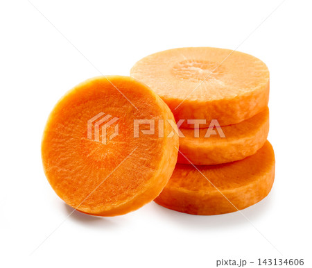 carrot slices fresh raw and round isolated on white carrot slices fresh raw and round isolated on white 143134606