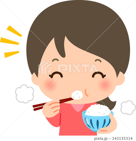 ご飯茶碗を持ち白米を食べる笑顔の女性 ご飯茶碗を持ち白米を食べる笑顔の女性 143135314