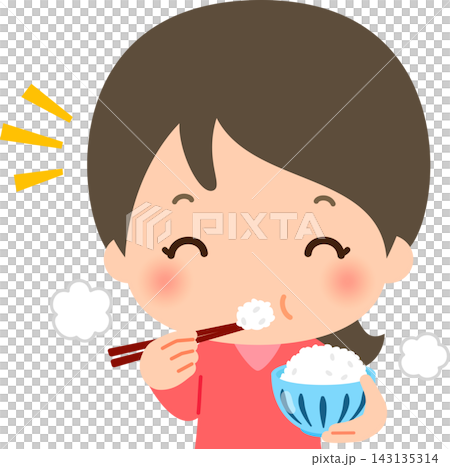 一位微笑的女子手捧米飯碗,正在吃白飯。 一位微笑的女子手捧米飯碗,正在吃白飯。 143135314