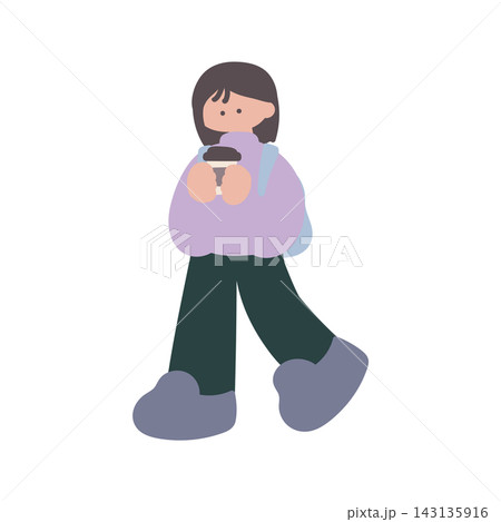 冬コーヒーを飲むカジュアルな女性人物手描きベクターイラスト 冬コーヒーを飲むカジュアルな女性人物手描きベクターイラスト 143135916