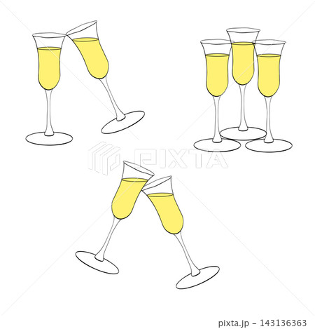 champagne glass Happy birthday composition colored hand drawn illustration. Vector graphic line ink art. Perfect for logo, branding, packaging, labels, and modern decor design. 143136363