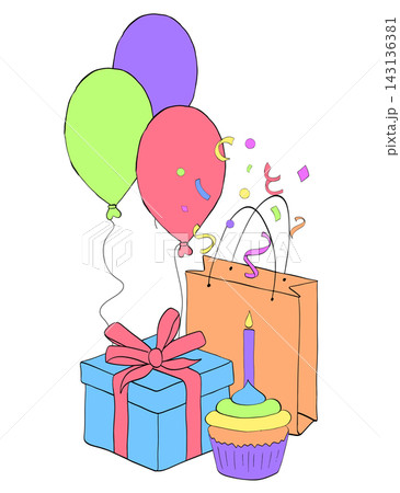 Balloon, gift bag, box, confetti, cupcake birthday composition colored hand drawn illustration. Vector graphic line ink art. for a celebration party or birthday surprise textile, cards. Balloon, gift bag, box, confetti, cupcake birthday composition colored hand drawn illustration. Vector graphic line ink art. for a celebration party or birthday surprise textile, cards. 143136381