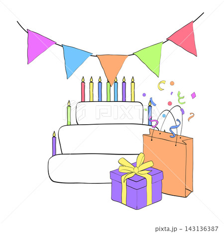 cake with candles, flags, gift bag and box Happy birthday composition colored hand drawn illustration. Vector graphic line ink art. Design for package, cosmetic, textile, cards. cake with candles, flags, gift bag and box Happy birthday composition colored hand drawn illustration. Vector graphic line ink art. Design for package, cosmetic, textile, cards. 143136387