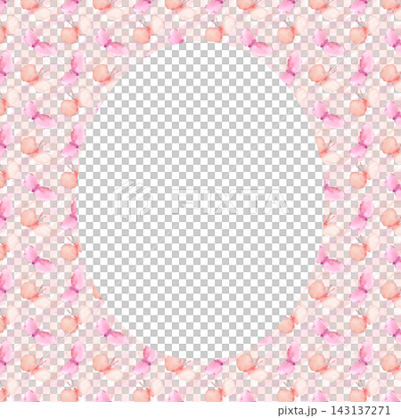 Frame with a hand painted watercolor backdrop of gentle pink butterflies isolated. Butterfly backdrop with space for text. Border for greeting cards, nursery decor or stationery design. 143137271