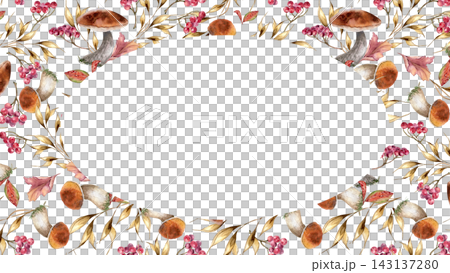 Autumn mushroom and red berry botanical border with copy space isolated. Seasonal template forest harvest neutral for invitations. Watercolor fall frame design hand drawn for packaging or label. Autumn mushroom and red berry botanical border with copy space isolated. Seasonal template forest harvest neutral for invitations. Watercolor fall frame design hand drawn for packaging or label. 143137280