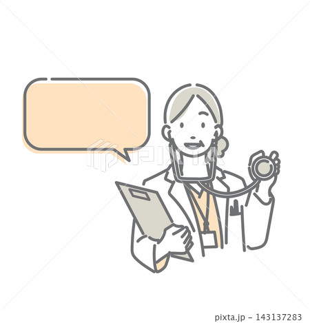 聴診器を持って説明する笑顔のベテラン女性医師　シンプルでお洒落な線画イラスト 143137283