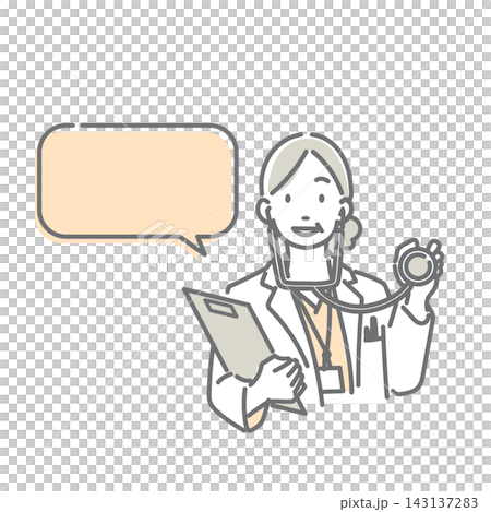 聴診器を持って説明する笑顔のベテラン女性医師　シンプルでお洒落な線画イラスト 143137283