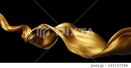 Luxury gold metallic glitter fabric ribbon flowing isolated on black background with copy space 3D render 143137289