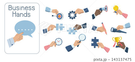 Hand holding various business objects, target, gears, megaphone, light bulb, jigsaw, pencil, binoculars, clock, magnifying glass, speech bubble, Hand drawn vector illustration on white background. Hand holding various business objects, target, gears, megaphone, light bulb, jigsaw, pencil, binoculars, clock, magnifying glass, speech bubble, Hand drawn vector illustration on white background. 143137475