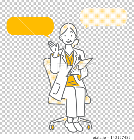 一位資深女醫生坐在椅子上,微笑著解釋著什麼。這是一幅簡潔而時尚的線條插畫。 一位資深女醫生坐在椅子上,微笑著解釋著什麼。這是一幅簡潔而時尚的線條插畫。 143137485