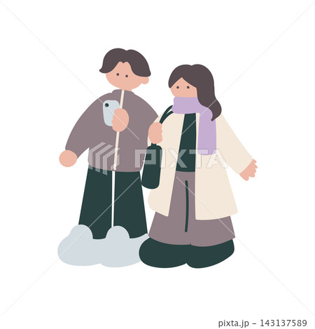 冬スマホを眺める男女人物手描きベクターイラスト 冬スマホを眺める男女人物手描きベクターイラスト 143137589