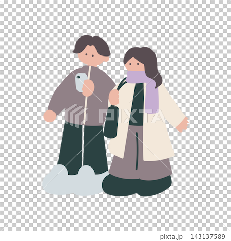 冬スマホを眺める男女人物手描きベクターイラスト 冬スマホを眺める男女人物手描きベクターイラスト 143137589