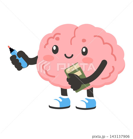 Human brain character with book and marker for educational learning concepts 143137906