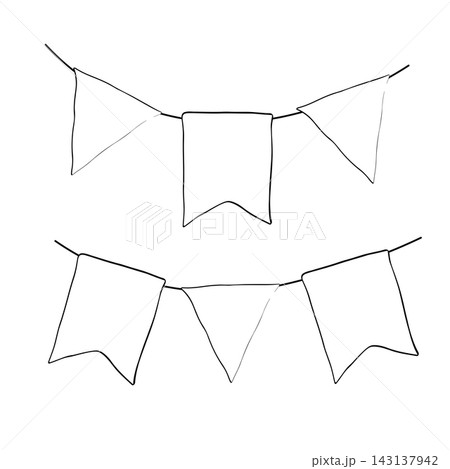 Celebration flag garland bunting. Happy birthday composition Black and white hand drawn illustration. Vector graphic line ink art. Party flags for birthday, holiday, kids celebration, invitation card Celebration flag garland bunting. Happy birthday composition Black and white hand drawn illustration. Vector graphic line ink art. Party flags for birthday, holiday, kids celebration, invitation card 143137942