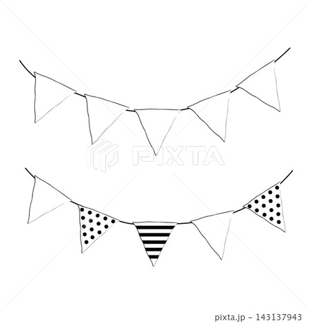 Festive Flags Garland Happy birthday composition Black and white hand drawn illustration. Vector graphic line ink art. Party element, festive decoration, celebration symbol, holiday accessory Festive Flags Garland Happy birthday composition Black and white hand drawn illustration. Vector graphic line ink art. Party element, festive decoration, celebration symbol, holiday accessory 143137943