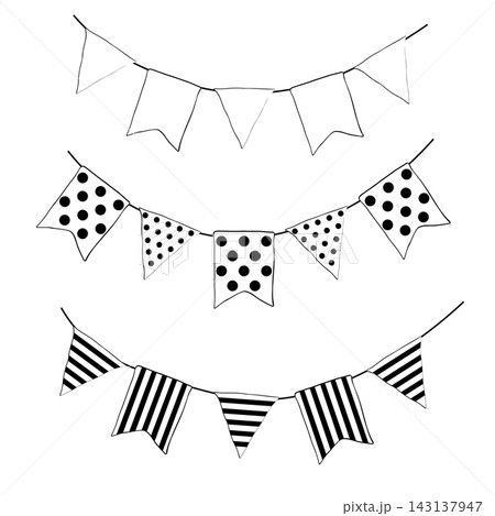 colorful flags for holiday banner, birthday invitations, party invitations Happy birthday composition Black and white hand drawn illustration. Vector graphic line ink art. for package, textile colorful flags for holiday banner, birthday invitations, party invitations Happy birthday composition Black and white hand drawn illustration. Vector graphic line ink art. for package, textile 143137947