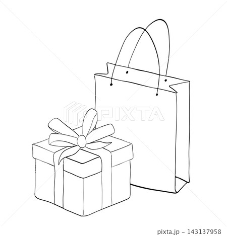 gift box wrapped in a rich ribbon with gift bag Happy birthday composition Black and white hand drawn illustration. Vector graphic line ink art. for package, holiday design, fabric and textile. 143137958
