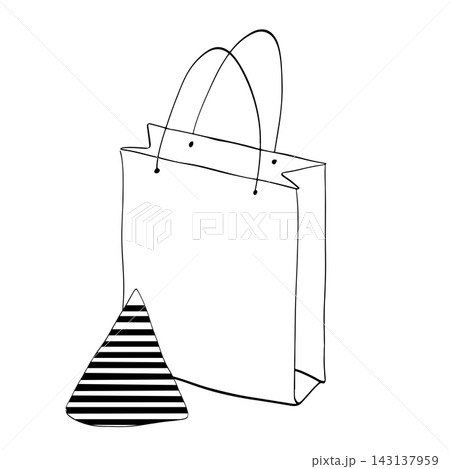 Shopping bag with hat Happy birthday composition Black and white hand drawn illustration. Vector graphic line ink art. Party element, festive decoration, celebration symbol, holiday accessory 143137959