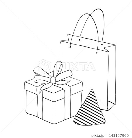 gift box with bag and hat Happy birthday composition Black and white hand drawn illustration. Vector graphic line ink art Perfect for kids designs, prints, cards and education themes. gift box with bag and hat Happy birthday composition Black and white hand drawn illustration. Vector graphic line ink art Perfect for kids designs, prints, cards and education themes. 143137960