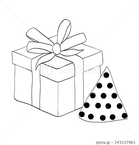 gift box with hat Happy birthday composition Black and white hand drawn illustration. Vector graphic line ink art. Perfect for logo, branding, packaging, labels, and modern decor design. gift box with hat Happy birthday composition Black and white hand drawn illustration. Vector graphic line ink art. Perfect for logo, branding, packaging, labels, and modern decor design. 143137961