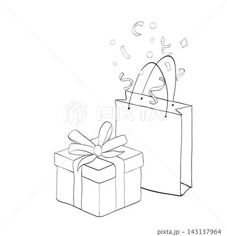 gift box, ribbons, bag and confetti Happy birthday composition Black and white hand drawn illustration. Vector graphic line ink art. Surprise event celebration, design for greeting. fabric 143137964