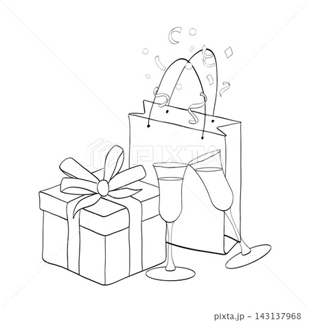 Gift bag, box, confetti, champagne Happy birthday composition Black and white hand drawn illustration. Vector graphic line ink art. Perfect for logo, branding, packaging, labels Gift bag, box, confetti, champagne Happy birthday composition Black and white hand drawn illustration. Vector graphic line ink art. Perfect for logo, branding, packaging, labels 143137968