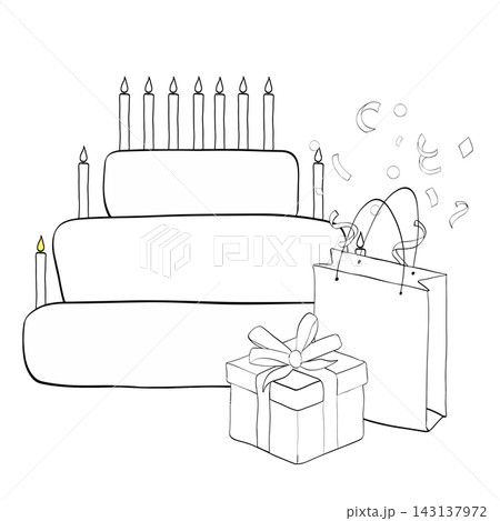 birthday cake with candles, gift, Happy birthday composition Black and white hand drawn illustration. Vector graphic line ink art. Perfect for logo, branding, packaging, labels 143137972