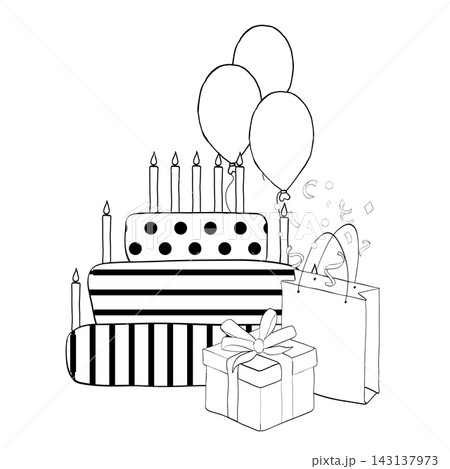 cake and balloons, gift bag Happy birthday composition Black and white hand drawn illustration. Vector graphic line ink art. Perfect for kids designs, prints, cards and education themes. cake and balloons, gift bag Happy birthday composition Black and white hand drawn illustration. Vector graphic line ink art. Perfect for kids designs, prints, cards and education themes. 143137973