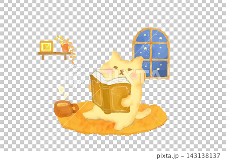 A cute cat enjoying reading and tea in a warm room - Autumn/Winter watercolor illustration A cute cat enjoying reading and tea in a warm room - Autumn/Winter watercolor illustration 143138137