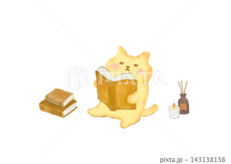 読書とアロマを楽しむかわいい猫 水彩イラスト素材 読書とアロマを楽しむかわいい猫 水彩イラスト素材 143138138