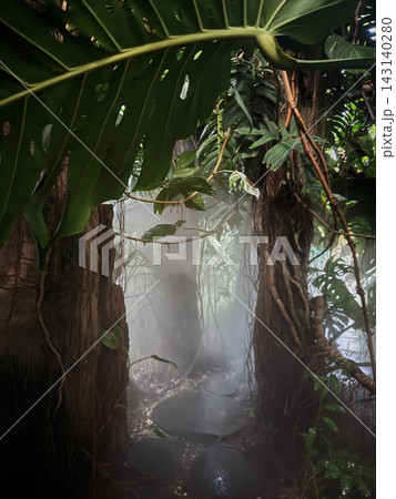 Misty stone path through a tropical jungle greenhouse Misty stone path through a tropical jungle greenhouse 143140280