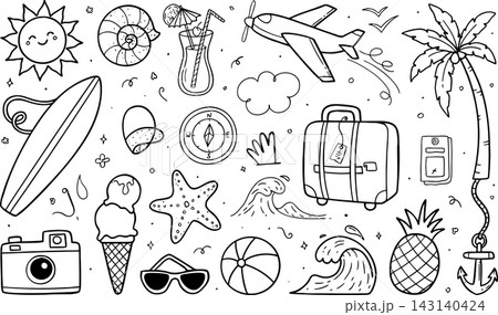 Hand drawn collection of summer vacation doodle elements and travel design 143140424