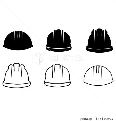 Safety hard hat tools icon set featuring dual style line art and solid black glyph icons 143140693