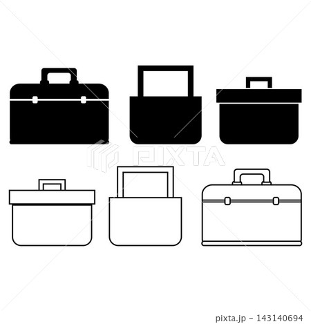 Toolbox equipment icon set featuring dual style line art and solid black glyph icons 143140694