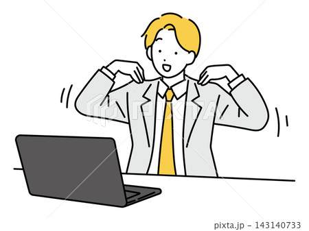 デスクで肩を回す男性会社員のイラスト デスクで肩を回す男性会社員のイラスト 143140733