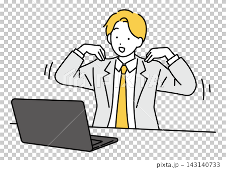 デスクで肩を回す男性会社員のイラスト デスクで肩を回す男性会社員のイラスト 143140733