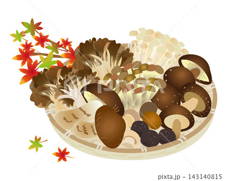 秋の味覚かごに盛ったたくさんのきのこ 秋の味覚かごに盛ったたくさんのきのこ 143140815