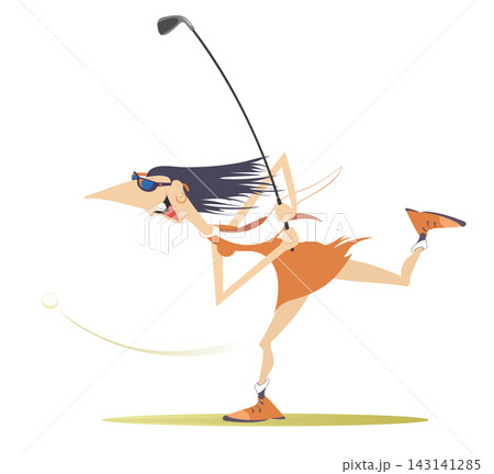 Golfer woman on the golf course. Young golfer woman aiming to do a good shot Golfer woman on the golf course. Young golfer woman aiming to do a good shot 143141285