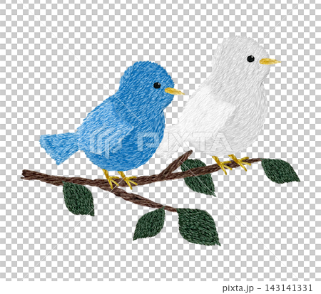 [Background material of two small birds perched on a branch] Hand-embroidered illustration material 143141331