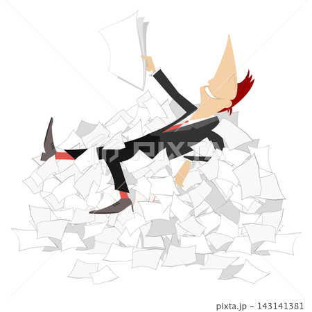 Smiling manager lays on a pile of papers. Office work. File clerk lays on a huge pile of papers Smiling manager lays on a pile of papers. Office work. File clerk lays on a huge pile of papers 143141381