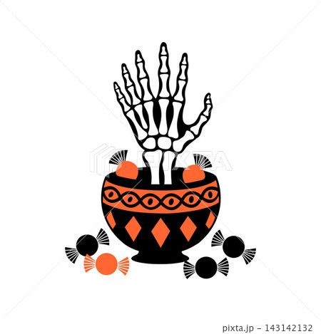 Spooky halloween skeleton hand candy bowl illustration 143142132