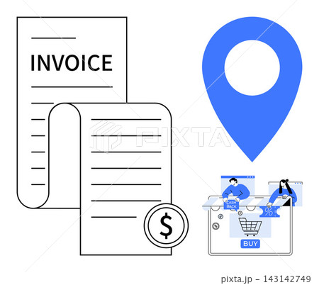 E-commerce, digital payments, invoicing, shopping, financial planning, online purchases. elements include an invoice, dollar symbol shopping cart and location marker. E-commerce and digital 143142749