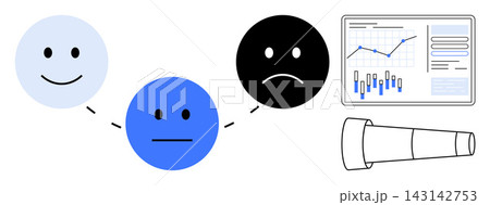 Emotional analysis, satisfaction surveys, data research, psychology studies, customer experience, future insights. Smiling, neutral and sad faces connected next to charts and a telescope. Emotional 143142753