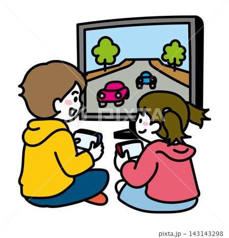 テレビでレースゲームを楽しむ子ども2人|ゲーム・タブレット・友達 テレビでレースゲームを楽しむ子ども2人|ゲーム・タブレット・友達 143143298