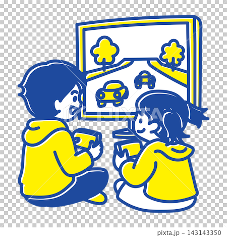 兩個孩子正在玩一款藍黃相間的賽車遊戲 | 遊戲、電視、朋友 兩個孩子正在玩一款藍黃相間的賽車遊戲 | 遊戲、電視、朋友 143143350
