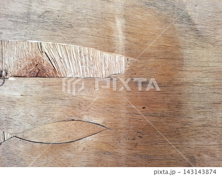 Natural plywood timber sheet with distinct wood knot and cracked grain texture pattern. Natural plywood timber sheet with distinct wood knot and cracked grain texture pattern. 143143874