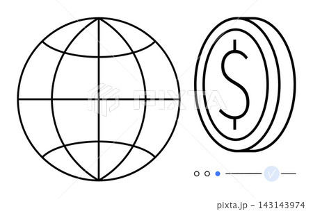 Global economy, digital transactions, international trade, financial systems, global connectivity, online banking. Minimal globe and dollar coin design. Global economy and digital transaction concept Global economy, digital transactions, international trade, financial systems, global connectivity, online banking. Minimal globe and dollar coin design. Global economy and digital transaction concept 143143974
