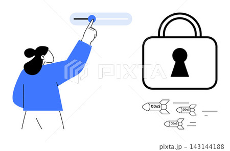 Cybersecurity, DDoS protection, data security, network defense, digital integrity, online safety. Person interacting with a slider and lock icon. Cybersecurity and DDoS protection illustration 143144188