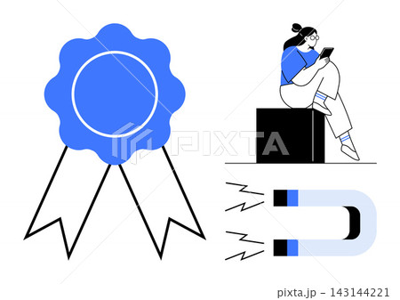 Achievement, customer retention, digital marketing, education, personal growth, recognition. Blue award ribbon, magnet with field lines woman using tablet. Achievement and customer retention 143144221